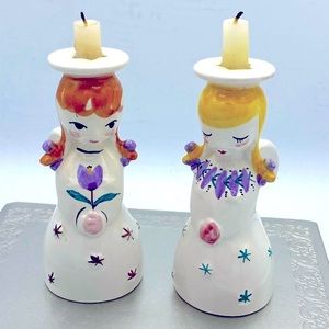 Vintage NYMOLLE Denmark Porcelain Girl Angel Candle Holders Measure Set Of Two